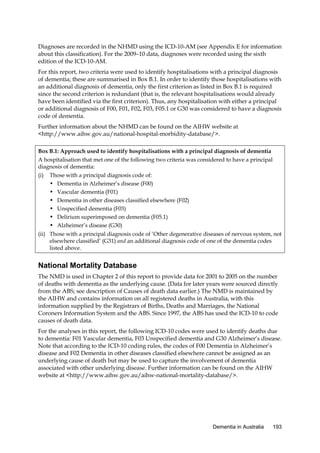 Diagnoses are recorded in the NHMD using the ICD-10-AM (see Appendix E for information
about this classification). For the 2009–10 data, diagnoses were recorded using the sixth
edition of the ICD-10-AM.
For this report, two criteria were used to identify hospitalisations with a principal diagnosis
of dementia; these are summarised in Box B.1. In order to identify those hospitalisations with
an additional diagnosis of dementia, only the first criterion as listed in Box B.1 is required
since the second criterion is redundant (that is, the relevant hospitalisations would already
have been identified via the first criterion). Thus, any hospitalisation with either a principal
or additional diagnosis of F00, F01, F02, F03, F05.1 or G30 was considered to have a diagnosis
code of dementia.
Further information about the NHMD can be found on the AIHW website at
<http://www.aihw.gov.au/national-hospital-morbidity-database/>.
Box B.1: Approach used to identify hospitalisations with a principal diagnosis of dementia
A hospitalisation that met one of the following two criteria was considered to have a principal
diagnosis of dementia:
(i)

Those with a principal diagnosis code of:
• Dementia in Alzheimer’s disease (F00)
• Vascular dementia (F01)
• Dementia in other diseases classified elsewhere (F02)
• Unspecified dementia (F03)
• Delirium superimposed on dementia (F05.1)
• Alzheimer’s disease (G30)

(ii) Those with a principal diagnosis code of ‘Other degenerative diseases of nervous system, not
elsewhere classified’ (G31) and an additional diagnosis code of one of the dementia codes
listed above.

National Mortality Database
The NMD is used in Chapter 2 of this report to provide data for 2001 to 2005 on the number
of deaths with dementia as the underlying cause. (Data for later years were sourced directly
from the ABS; see description of Causes of death data earlier.) The NMD is maintained by
the AIHW and contains information on all registered deaths in Australia, with this
information supplied by the Registrars of Births, Deaths and Marriages, the National
Coroners Information System and the ABS. Since 1997, the ABS has used the ICD-10 to code
causes of death data.
For the analyses in this report, the following ICD-10 codes were used to identify deaths due
to dementia: F01 Vascular dementia, F03 Unspecified dementia and G30 Alzheimer’s disease.
Note that according to the ICD-10 coding rules, the codes of F00 Dementia in Alzheimer’s
disease and F02 Dementia in other diseases classified elsewhere cannot be assigned as an
underlying cause of death but may be used to capture the involvement of dementia
associated with other underlying disease. Further information can be found on the AIHW
website at <http://www.aihw.gov.au/aihw-national-mortality-database/>.

Dementia in Australia

193

 