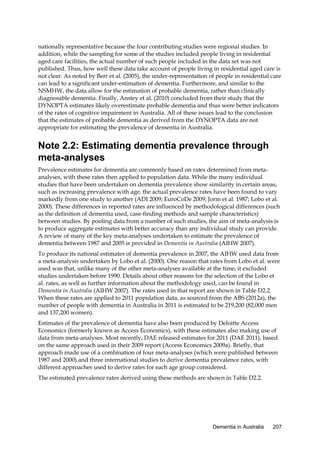 nationally representative because the four contributing studies were regional studies. In
addition, while the sampling for some of the studies included people living in residential
aged care facilities, the actual number of such people included in the data set was not
published. Thus, how well these data take account of people living in residential aged care is
not clear. As noted by Berr et al. (2005), the under-representation of people in residential care
can lead to a significant under-estimation of dementia. Furthermore, and similar to the
NSMHW, the data allow for the estimation of probable dementia, rather than clinically
diagnosable dementia. Finally, Anstey et al. (2010) concluded from their study that the
DYNOPTA estimates likely overestimate probable dementia and thus were better indicators
of the rates of cognitive impairment in Australia. All of these issues lead to the conclusion
that the estimates of probable dementia as derived from the DYNOPTA data are not
appropriate for estimating the prevalence of dementia in Australia.

Note 2.2: Estimating dementia prevalence through
meta-analyses
Prevalence estimates for dementia are commonly based on rates determined from metaanalyses, with these rates then applied to population data. While the many individual
studies that have been undertaken on dementia prevalence show similarity in certain areas,
such as increasing prevalence with age, the actual prevalence rates have been found to vary
markedly from one study to another (ADI 2009; EuroCoDe 2009; Jorm et al. 1987; Lobo et al.
2000). These differences in reported rates are influenced by methodological differences (such
as the definition of dementia used, case-finding methods and sample characteristics)
between studies. By pooling data from a number of such studies, the aim of meta-analysis is
to produce aggregate estimates with better accuracy than any individual study can provide.
A review of many of the key meta-analyses undertaken to estimate the prevalence of
dementia between 1987 and 2005 is provided in Dementia in Australia (AIHW 2007).
To produce its national estimates of dementia prevalence in 2007, the AIHW used data from
a meta-analysis undertaken by Lobo et al. (2000). One reason that rates from Lobo et al. were
used was that, unlike many of the other meta-analyses available at the time, it excluded
studies undertaken before 1990. Details about other reasons for the selection of the Lobo et
al. rates, as well as further information about the methodology used, can be found in
Dementia in Australia (AIHW 2007). The rates used in that report are shown in Table D2.2.
When these rates are applied to 2011 population data, as sourced from the ABS (2012a), the
number of people with dementia in Australia in 2011 is estimated to be 219,200 (82,000 men
and 137,200 women).
Estimates of the prevalence of dementia have also been produced by Deloitte Access
Economics (formerly known as Access Economics), with these estimates also making use of
data from meta-analyses. Most recently, DAE released estimates for 2011 (DAE 2011), based
on the same approach used in their 2009 report (Access Economics 2009a). Briefly, that
approach made use of a combination of four meta-analyses (which were published between
1987 and 2000) and three international studies to derive dementia prevalence rates, with
different approaches used to derive rates for each age group considered.
The estimated prevalence rates derived using these methods are shown in Table D2.2.

Dementia in Australia

207

 
