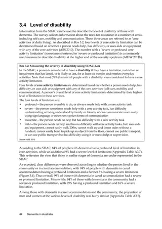 3.4 Level of disability
Information from the SDAC can be used to describe the level of disability of those with
dementia. The survey collects information about the need for assistance in a number of areas,
including self-care, mobility and communication. These three areas are referred to as ‘core
activities of daily living’. As described in Box 3.2, four levels of core activity limitation can be
determined based on whether a person needs help, has difficulty, or uses aids or equipment
with any of the core activities (ABS 2010). The number with a ‘severe or profound core
activity limitation’ (sometimes shortened to ‘severe or profound limitation’) is a commonly
used measure to describe disability at the higher end of the severity spectrum (AIHW 2011b).
Box 3.2: Measuring the severity of disability using SDAC data
In the SDAC, a person is considered to have a disability if they have a limitation, restriction or
impairment that has lasted, or is likely to last, for at least six months and restricts everyday
activities. Note that most (78%) but not all people with a disability were considered to have a core
activity limitation.
Four levels of core activity limitation are determined based on whether a person needs help, has
difficulty, or uses aids or equipment with any of the core activities (self-care, mobility and
communication). A person’s overall level of core activity limitation is determined by their highest
level of limitation in these activities.
The four levels of limitation are:
• profound—the person is unable to do, or always needs help with, a core activity task
• severe—the person sometimes needs help with a core activity task, has difficulty
understanding or being understood by family or friends, or can communicate more easily
using sign language or other non-spoken forms of communication
• moderate—the person needs no help but has difficulty with a core activity task
• mild—the person needs no help and has no difficulty with core activity tasks, but: uses aids
and equipment, cannot easily walk 200m, cannot walk up and down stairs without a
handrail, cannot easily bend to pick up an object from the floor, cannot use public transport,
or can use public transport but has difficulty using it or needs help or supervision.
Source: ABS 2010.

According to the SDAC, 84% of people with dementia had a profound level of limitation in
core activities, while an additional 9% had a severe level of limitation (Appendix Table A3.7).
This re-iterates the view that those in earlier stages of dementia are under-represented in the
SDAC.
As expected, clear differences were observed according to whether the person lived in the
community or in cared accommodation, with 94% of people with dementia in cared
accommodation having a profound limitation and a further 5% having a severe limitation
(Figure 3.4). Thus overall, 99% of those with dementia in cared accommodation had a severe
or profound limitation. Meanwhile, 84% of those with dementia in the community had a
severe or profound limitation, with 69% having a profound limitation and 16% a severe
limitation.
Among those with dementia in cared accommodation and the community, the proportion of
men and women at the various levels of disability was fairly similar (Appendix Table A3.7).

44

Dementia in Australia

 