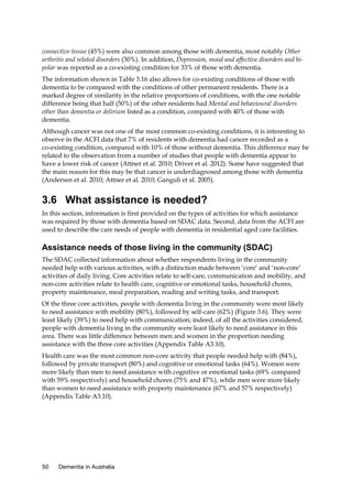 connective tissue (45%) were also common among those with dementia, most notably Other
arthritis and related disorders (30%). In addition, Depression, mood and affective disorders and bipolar was reported as a co-existing condition for 33% of those with dementia.
The information shown in Table 3.16 also allows for co-existing conditions of those with
dementia to be compared with the conditions of other permanent residents. There is a
marked degree of similarity in the relative proportions of conditions, with the one notable
difference being that half (50%) of the other residents had Mental and behavioural disorders
other than dementia or delirium listed as a condition, compared with 40% of those with
dementia.
Although cancer was not one of the most common co-existing conditions, it is interesting to
observe in the ACFI data that 7% of residents with dementia had cancer recorded as a
co-existing condition, compared with 10% of those without dementia. This difference may be
related to the observation from a number of studies that people with dementia appear to
have a lower risk of cancer (Attner et al. 2010; Driver et al. 2012). Some have suggested that
the main reason for this may be that cancer is underdiagnosed among those with dementia
(Andersen et al. 2010; Attner et al. 2010; Ganguli et al. 2005).

3.6 What assistance is needed?
In this section, information is first provided on the types of activities for which assistance
was required by those with dementia based on SDAC data. Second, data from the ACFI are
used to describe the care needs of people with dementia in residential aged care facilities.

Assistance needs of those living in the community (SDAC)
The SDAC collected information about whether respondents living in the community
needed help with various activities, with a distinction made between ‘core’ and ‘non-core’
activities of daily living. Core activities relate to self-care, communication and mobility, and
non-core activities relate to health care, cognitive or emotional tasks, household chores,
property maintenance, meal preparation, reading and writing tasks, and transport.
Of the three core activities, people with dementia living in the community were most likely
to need assistance with mobility (80%), followed by self-care (62%) (Figure 3.6). They were
least likely (39%) to need help with communication; indeed, of all the activities considered,
people with dementia living in the community were least likely to need assistance in this
area. There was little difference between men and women in the proportion needing
assistance with the three core activities (Appendix Table A3.10).
Health care was the most common non-core activity that people needed help with (84%),
followed by private transport (80%) and cognitive or emotional tasks (64%). Women were
more likely than men to need assistance with cognitive or emotional tasks (69% compared
with 59% respectively) and household chores (75% and 47%), while men were more likely
than women to need assistance with property maintenance (67% and 57% respectively)
(Appendix Table A3.10).

50

Dementia in Australia

 
