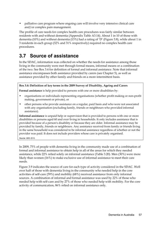 •

palliative care program where ongoing care will involve very intensive clinical care
and/or complex pain management.

The profile of care needs for complex health care procedures was fairly similar between
residents with and without dementia (Appendix Table A3.14). About 1 in 10 of those with
dementia (10%) and without dementia (13%) had a rating of ‘D’ (Figure 3.8), while about 1 in
3 residents in each group (32% and 31% respectively) required no complex health care
procedures.

3.7 Source of assistance
In the SDAC, information was collected on whether the needs for assistance among those
living in the community were met through formal means, informal means or a combination
of the two. See Box 3.4 for definition of formal and informal assistance. Note that informal
assistance encompasses both assistance provided by carers (see Chapter 5), as well as
assistance provided by other family and friends on a more intermittent basis.
Box 3.4: Definition of key terms in the 2009 Survey of Disability, Ageing and Carers
Formal assistance is help provided to persons with one or more disabilities by:

•

organisations or individuals representing organisations (whether profit making or non-profit
making, government or private), or

•

other persons who provide assistance on a regular, paid basis and who were not associated
with any organisation (excluding family, friends or neighbours who provided informal
assistance).

Informal assistance is unpaid help or supervision that is provided to persons with one or more
disabilities or persons aged 60 and over living in households. It only includes assistance that is
provided because of a person's disability or because they are older. Informal assistance may be
provided by family, friends or neighbours. Any assistance received from family or friends living
in the same household was considered to be informal assistance regardless of whether or not the
provider was paid. It does not include providers whose care is privately organised.
Source: ABS 2010.

In 2009, 75% of people with dementia living in the community made use of a combination of
formal and informal assistance to obtain help in all of the areas for which they needed
assistance, while 22% relied solely on informal assistance (Table 3.20). Men (30%) were more
likely than women (16%) to make exclusive use of informal assistance to meet their care
needs.
Figure 3.9 indicates the source of care for each type of activity considered in the SDAC. Well
over half of those with dementia living in the community who needed help in the core
activities of self-care (59%) and mobility (68%) received assistance from only informal
sources. A combination of informal and formal assistance was used by 22% of those who
needed help with self-care and by 27% of those who needed help with mobility. For the core
activity of communication, 86% relied on informal assistance only.

Dementia in Australia

57

 