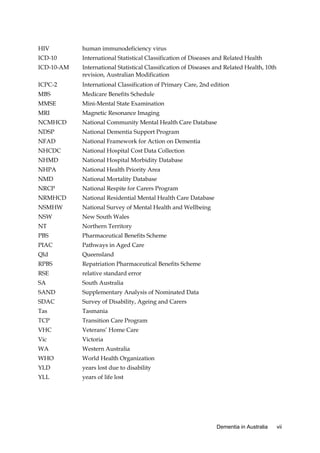 HIV

human immunodeficiency virus

ICD-10

International Statistical Classification of Diseases and Related Health

ICD-10-AM

International Statistical Classification of Diseases and Related Health, 10th
revision, Australian Modification

ICPC-2

International Classification of Primary Care, 2nd edition

MBS

Medicare Benefits Schedule

MMSE

Mini-Mental State Examination

MRI

Magnetic Resonance Imaging

NCMHCD

National Community Mental Health Care Database

NDSP

National Dementia Support Program

NFAD

National Framework for Action on Dementia

NHCDC

National Hospital Cost Data Collection

NHMD

National Hospital Morbidity Database

NHPA

National Health Priority Area

NMD

National Mortality Database

NRCP

National Respite for Carers Program

NRMHCD

National Residential Mental Health Care Database

NSMHW

National Survey of Mental Health and Wellbeing

NSW

New South Wales

NT

Northern Territory

PBS

Pharmaceutical Benefits Scheme

PIAC

Pathways in Aged Care

Qld

Queensland

RPBS

Repatriation Pharmaceutical Benefits Scheme

RSE

relative standard error

SA

South Australia

SAND

Supplementary Analysis of Nominated Data

SDAC

Survey of Disability, Ageing and Carers

Tas

Tasmania

TCP

Transition Care Program

VHC

Veterans’ Home Care

Vic

Victoria

WA

Western Australia

WHO

World Health Organization

YLD

years lost due to disability

YLL

years of life lost

Dementia in Australia

vii

 