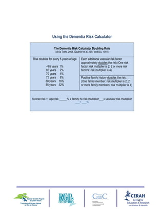 Using the Dementia Risk Calculator
The Dementia Risk Calculator Doubling Rule
(de la Torre, 2004, Gauthier et al.,1997 and Siu, 1991)
Risk doubles for every 5 years of age
<65 years 1%
65 years 2%
70 years 4%
75 years 8%
80 years 16%
85 years 32%
Each additional vascular risk factor
approximately doubles the risk (One risk
factor: risk multiplier is 2; 2 or more risk
factors: risk multiplier is 4)
Positive family history doubles the risk.
(One family member: risk multiplier is 2; 2
or more family members: risk multiplier is 4)
Overall risk = age risk _____% x family hx risk multiplier___x vascular risk multiplier
___= ___%
4
 
