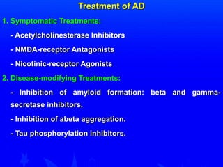 TTrreeaattmmeenntt ooff AADD 
11.. SSyymmppttoommaattiicc TTrreeaattmmeennttss:: 
-- AAcceettyyllcchhoolliinneesstteerraassee IInnhhiibbiittoorrss 
-- NNMMDDAA--rreecceeppttoorr AAnnttaaggoonniissttss 
-- NNiiccoottiinniicc--rreecceeppttoorr AAggoonniissttss 
22.. DDiisseeaassee--mmooddiiffyyiinngg TTrreeaattmmeennttss:: 
-- IInnhhiibbiittiioonn ooff aammyyllooiidd ffoorrmmaattiioonn:: bbeettaa aanndd ggaammmmaa-- 
sseeccrreettaassee iinnhhiibbiittoorrss.. 
-- IInnhhiibbiittiioonn ooff aabbeettaa aaggggrreeggaattiioonn.. 
-- TTaauu pphhoosspphhoorryyllaattiioonn iinnhhiibbiittoorrss.. 
 