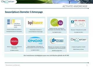 Strictement confidentiel 4
Souscripteurs Demeter 3 Amorçage
ACTIVITE AMORCAGE
Gaz pour l’industrie et la santé
15,4 Md€ CA 2014
Acteur intégré des métiers de
l’immobilier
2,6 Md€ CA 2014
Génie électrique, information &
communication et services associés
2,4 Md€ CA 2014
R&I dans les domaines de l'énergie,
du transport et de l'environnement
290 M€ budget 2014
L’équipe de gestion investit
500 K€ dans le fonds
Des investisseurs stratégiques pour une contribution globale de 45 M€
Intervention à travers le
Fonds National d’Amorçage
Fonds européen de soutien à
l’entrepreneuriat et l’innovation
Gestion de l’eau, recyclage et
valorisation des déchets, smart city
14,3 Md€ CA 2014
 
