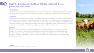 Partners:
Agricultural DataFlow(NO) | Mimiro (NO) | SINTEF (NO | TFoU (NO)
Description:
This pilot focuses on a full dataflow dashboard with animal product accounting, settlement and payment, including
decision support around milk production based on AI Machine learning from sensor data and other data sources.
Problem:
Providing farmers information and advice in a suitable way for farmers overview and support the whole production
value chain, including accounting and settlement data. The focus case is on milk production in Norway in general and
the Trøndelag region in particular. National scale Norway is with 8500 dairy farms, 230 000 cows, 12000 farms for
Dashboard, Data from 2000 milk robots that is in current production providing milking production data. 500 sensors
for health and fertility. 50 sensors for measuring fatness of cows and fat content for milk.
Solution:
Providing a Farmers Dashboard supported by the Agricultural Dataflow platform for accounting, settlement,
payment, bank, insurance demonstrating interoperability interfaces for different systems in the value chain.
Providing AI-based Prediction systems for milk production using sensor data from sensors on animal milk
production and health, collected and provided through the Mimiro data collection platform, where the farmer
will own his own data.
PILOT 4.1 Dairy Farmers Dashboard for the entire milk & meat
production value chain
 
