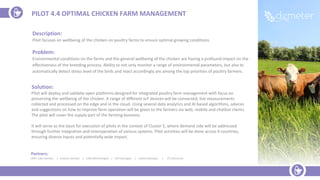 Partners:
DNET Labs (Serbia) | Sinkovic (Serbia) | UDG (Montenegro) | GFA (Georgia) | InData (Georgia) | ITC (Slovenia)
Description:
Pilot focuses on wellbeing of the chicken on poultry farms to ensure optimal growing conditions.
Problem:
Environmental conditions on the farms and the general wellbeing of the chicken are having a profound impact on the
effectiveness of the breeding process. Ability to not only monitor a range of environmental parameters, but also to
automatically detect stress level of the birds and react accordingly are among the top priorities of poultry farmers.
Solution:
Pilot will deploy and validate open platforms designed for integrated poultry farm management with focus on
preserving the wellbeing of the chicken. A range of different IoT devices will be connected, live measurements
collected and processed on the edge and in the cloud. Using several data analytics and AI based algorithms, advices
and suggestions on how to improve farm operation will be given to the farmers via web, mobile and chatbot clients.
The pilot will cover the supply part of the farming business.
It will serve as the basis for execution of pilots in the context of Cluster 5, where demand side will be addressed
through further integration and interoperation of various systems. Pilot activities will be done across 4 countries,
ensuring diverse inputs and potentially wide impact.
PILOT 4.4 OPTIMAL CHICKEN FARM MANAGEMENT
 