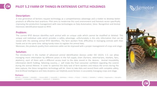 Description:
A new generation of farmers request technology as a competitiveness advantage and a matter to develop better
products at effective best practices. Pilot aims to modernize the rural environment and livestock sector specifically
improving the production management with new technologies as Data Automation, Voice Recognition and Animal
Electronic Identification based on RFID.
Problem:
The current RFID devices identifies each animal with an unique code which cannot be modified or deleted. This
unique and individual code which provides a safety advantage, unfortunately is the only information that can be
stored with the existing animal RFID identifiers. The farm workers finds difficulties in managing animals with their
hands and at the same time taking handy notes to register the animal data.
Moreover, the products quality from extensive cattle can be improved with a proper management of crops and silage.
Solution:
The introduction in the market of advanced animal identification devices under ISO 14223, 1-3. can allow
managing more information by different actors in the full supply chain (farmers, veterinarians, markets, fairs,
abattoirs), each of them with a different access level to the data stored in the devices. Animal traceability
information (birth holding, fattening country…) will make the final consumer confident regarding the control
during the animal lifetime. In order to optimize the daily task of farm workers and reduce the errors during the
data capture, the Voice recognition technology will let them to take data and record them with complete safety.
And Artificial Intelligence and Data Analytics can helpfully assist farmers in accurately managing crops and silage.
Partners:
DNET(RS) | SREM(RS) | UDG(MNE) | Plantaze (MNE) | Sinkovic(RS) | INDATA(GE) | GFA(GE) | ITC(SLO) | FEDE(ES) | WODR(PL) | UPM(ES) | Napierata(PL) | Maciej(PL)
CODAN(ES) | TECNALIA(ES) | TRAGSA(ES) | CENTRIA (FI) | PROBOT(FI)
PILOT 5.2 FARM OF THINGS IN EXTENSIVE CATTLE HOLDINGS
 