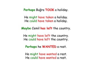 Perhaps Buğra TOOK a holiday.
He might have taken a holiday.
He could have taken a holiday.
Maybe Cemil has left the country.
He might have left the country.
He could have left the country.
Perhaps he WANTED a rest.
He might have wanted a rest.
He could have wanted a rest.
 