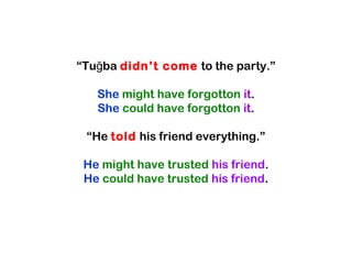 “Tu bağ didn’t come to the party.”
She might have forgotton it.
She could have forgotton it.
“He told his friend everything.”
He might have trusted his friend.
He could have trusted his friend.
 