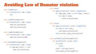 Avoiding Law of Demeter violation
class IRoom:
def apply_action(self, action: ILampAction):
for lamp_type, lamps in self.l...
