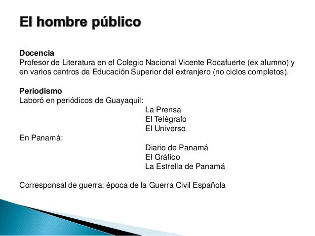 Docencia
Profesor de Literatura en el Colegio Nacional Vicente Rocafuerte (ex alumno) y
en varios centros de Educación Sup...