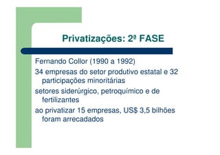 Privatizações: 2ª FASE

Fernando Collor (1990 a 1992)
34 empresas do setor produtivo estatal e 32
  participações minoritárias
setores siderúrgico, petroquímico e de
  fertilizantes
ao privatizar 15 empresas, US$ 3,5 bilhões
  foram arrecadados
 