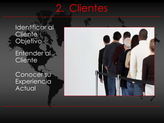 2. Clientes
Identificar al
Cliente
Objetivo
Entender al
Cliente

Conocer su
Experiencia
Actual
 