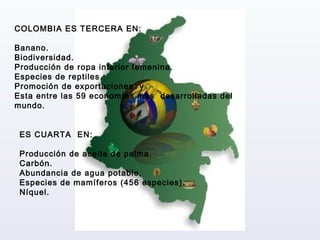 COLOMBIA ES TERCERA EN: Banano. Biodiversidad. Producción de ropa interior femenina. Especies de reptiles. Promoción de exportaciones  y  Esta entre las 59 economías mas  desarrolladas del mundo.  ES CUARTA  EN: Producción de aceite de palma. Carbón. Abundancia de agua potable. Especies de mamíferos (456 especies). Níquel.   