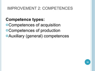 Competence types : Competences of acquisition Competences of production Auxiliary (general) competences IMPROVEMENT 2: COMPETENCES 