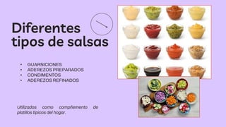Diferentes
tipos de salsas
• GUARNICIONES
• ADEREZOS PREPARADOS
• CONDIMENTOS
• ADEREZOS REFINADOS
Utilizados como compñem...