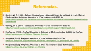 Referencias.
 Deming, W. E. (1989). Calidad, Productividad y Competitividad, La salida de la crisis. Madrid.
Ediciones Díaz de Santos. Obtenido el 27 de noviembre de 2020 de
https://books.google.com.pe/books?id=d9WL4BMVHi8C&printsec=frontcover&hl=es#v=onepag
e&q&f=false
 Deming, W. E. (2016). Gestiopolis. Obtenido el 27 de noviembre de 2020 de
http://www.gestiopolis.com/recursos/documentos/fulldocs/ger/14deminguch.htm
 EcuRed.cu. (2014). EcuRed. Obtenido el Obtenido el 27 de noviembre de 2020 de EcuRed:
https://www.ecured.cu/William_Edwards_Deming
 Wikipedia( 2020). Wikipedia. Obtenido el 27 de noviembre de 2020 de
https://es.wikipedia.org/wiki/William_Edwards_Deming#Los_14_principios_de_Deming
 Wikipedia (2020). Wikipedia. Obtenido el 27 de noviembre de 2020 de Wikipedia:
https://es.wikipedia.org/wiki/Ciclo_de_Deming
 