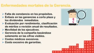 Enfermedades mortales de la Gerencia.
 Falta de constancia en los propósitos.
 Énfasis en las ganancias a corto plazo y
los dividendos inmediatos.
 Evaluación por rendimiento, clasificación
de méritos o revisión anual de resultados.
 Movilidad de los ejecutivos.
 Gerencia de la compañía basándose
solamente en las cifras visibles.
 Costos médicos excesivos.
 Costo excesivo de garantías.
 