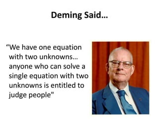 Deming Said…
“We have one equation
with two unknowns…
anyone who can solve a
single equation with two
unknowns is entitled to
judge people"
 