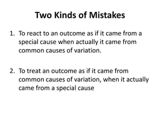 Two Kinds of Mistakes
1. To react to an outcome as if it came from a
special cause when actually it came from
common causes of variation.
2. To treat an outcome as if it came from
common causes of variation, when it actually
came from a special cause
 