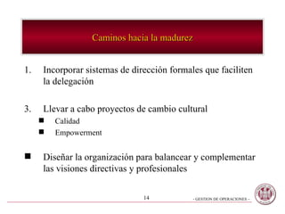 Caminos hacia la madurez Incorporar sistemas de dirección formales que faciliten la delegación Llevar a cabo proyectos de cambio cultural Calidad Empowerment Diseñar la organización para balancear y complementar las visiones directivas y profesionales 