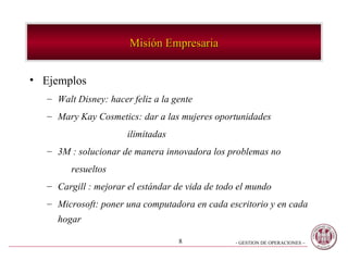 Misión Empresaria Ejemplos Walt Disney: hacer feliz a la gente Mary Kay Cosmetics: dar a las mujeres oportunidades ilimitadas 3M : solucionar de manera innovadora los problemas no resueltos Cargill : mejorar el estándar de vida de todo el mundo Microsoft: poner una computadora en cada escritorio y en cada hogar 