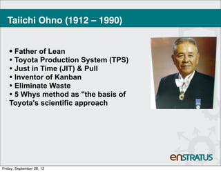 Taiichi Ohno (1912 – 1990)


    • Father of Lean
    • Toyota Production System (TPS)
    • Just in Time (JIT) & Pull
    • Inventor of Kanban
    • Eliminate Waste
    • 5 Whys method as "the basis of
    Toyota's scientific approach




Friday, September 28, 12
 