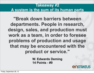 Takeaway #2
             A system is the sum of its human parts

            "Break down barriers between
          departments. People in research,
         design, sales, and production must
         work as a team, in order to foresee
         problems of production and usage
          that may be encountered with the
                 product or service."
                           W. Edwards Deming
                           14 Points - #9

Friday, September 28, 12
 