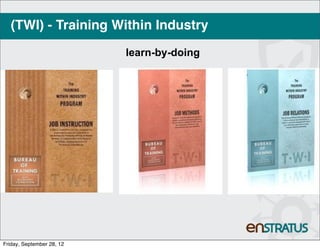 (TWI) - Training Within Industry

                           learn-by-doing




Friday, September 28, 12
 