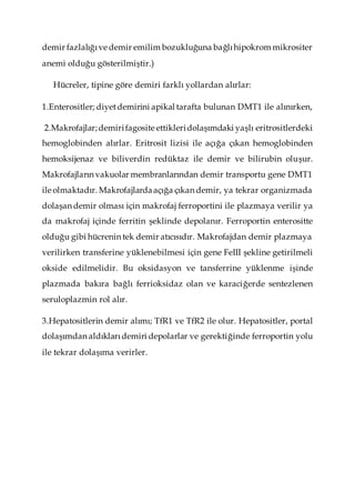 demir fazlalığıve demir emilim bozukluğuna bağlıhipokrom mikrositer
anemi olduğu gösterilmiştir.)
Hücreler, tipine göre demiri farklı yollardan alırlar:
1.Enterositler; diyetdemirini apikal tarafta bulunan DMT1 ile alınırken,
2.Makrofajlar;demirifagosite ettikleridolaşımdaki yaşlı eritrositlerdeki
hemoglobinden alırlar. Eritrosit lizisi ile açığa çıkan hemoglobinden
hemoksijenaz ve biliverdin redüktaz ile demir ve bilirubin oluşur.
Makrofajların vakuolar membranlarından demir transportu gene DMT1
ile olmaktadır. Makrofajlardaaçığa çıkan demir, ya tekrar organizmada
dolaşan demir olması için makrofaj ferroportini ile plazmaya verilir ya
da makrofaj içinde ferritin şeklinde depolanır. Ferroportin enterositte
olduğu gibi hücrenin tek demir atıcısıdır. Makrofajdan demir plazmaya
verilirken transferine yüklenebilmesi için gene FeIII şekline getirilmeli
okside edilmelidir. Bu oksidasyon ve tansferrine yüklenme işinde
plazmada bakıra bağlı ferrioksidaz olan ve karaciğerde sentezlenen
seruloplazmin rol alır.
3.Hepatositlerin demir alımı; TfR1 ve TfR2 ile olur. Hepatositler, portal
dolaşımdan aldıklarıdemiri depolarlar ve gerektiğinde ferroportin yolu
ile tekrar dolaşıma verirler.
 