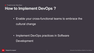 (15)
Tr a d i t i o n a l D e v O p s
How to Implement DevOps ?
• Enable your cross-functional teams to embrace the
cultural change
• Implement DevOps practices in Software
Development
 
