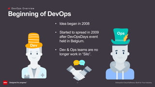 (8)
D e v O p s O v e r v i e w
Beginning of DevOps
Dev
Ops
• Idea began in 2008
• Started to spread in 2009
after DevOpsDays event
held in Belgium.
• Dev & Ops teams are no
longer work in “Silo”.
 