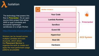 Isolation
The technology that powers this
flow is Firecracker. It's an open
source (link) project that allows
AWS to span hundreds and
thousands lightweight
sandboxes on a single Worker.
https://firecracker-microvm.github.io/
Workers can be reused across
multiple Lambdas and even
Accounts, which allows
the Placement Service to
organize the work to create and
apply the most performant usage
patterns as possible.
 