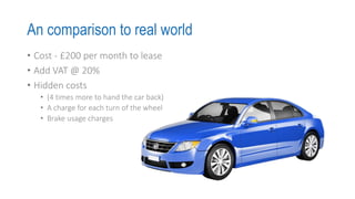 An comparison to real world
• Cost - £200 per month to lease
• Add VAT @ 20%
• Hidden costs
• (4 times more to hand the car back)
• A charge for each turn of the wheel
• Brake usage charges
 