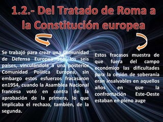 Se trabajó para crear una Comunidad
de Defensa Europea con los seis
países, vinculándola a una posterior
Comunidad Política Europea, sin
embargo estos esfuerzos fracasaron
en1954, cuando la Asamblea Nacional
francesa votó en contra de la
aprobación de la primera, lo que
implicaba el rechazo, también, de la
segunda.
Estos fracasos muestra de
que fuera del campo
económico las dificultades
para la cesión de soberanía
eran insalvables en aquellos
años en que la
confrontación Este-Oeste
estaban en pleno auge
 