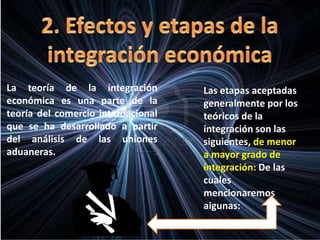 La teoría de la integración
económica es una parte de la
teoría del comercio internacional
que se ha desarrollado a partir
del análisis de las uniones
aduaneras.
Las etapas aceptadas
generalmente por los
teóricos de la
integración son las
siguientes, de menor
a mayor grado de
integración: De las
cuales
mencionaremos
aigunas:
 