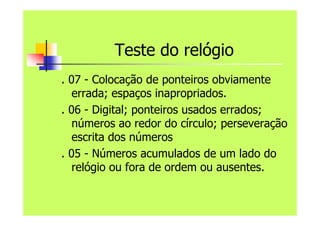 Teste do relógio
. 07 - Colocação de ponteiros obviamente
errada; espaços inapropriados.
. 06 - Digital; ponteiros usados errados;
números ao redor do círculo; perseveração
escrita dos números
. 05 - Números acumulados de um lado do
relógio ou fora de ordem ou ausentes.
 
