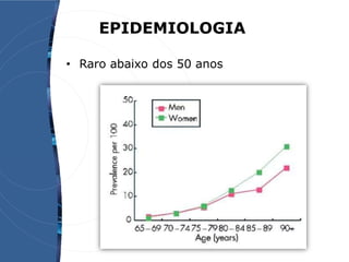 EPIDEMIOLOGIA
• Raro abaixo dos 50 anos
 