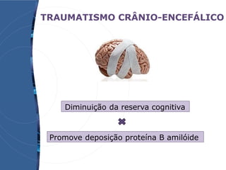 TRAUMATISMO CRÂNIO-ENCEFÁLICO
Diminuição da reserva cognitiva
Promove deposição proteína B amilóide
 