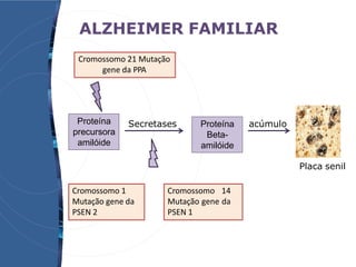 ALZHEIMER FAMILIAR
Proteína
precursora
amilóide
Proteína
Beta-
amilóide
Placa senil
Cromossomo 21 Mutação
gene da PPA
Secretases
Cromossomo 14
Mutação gene da
PSEN 1
Cromossomo 1
Mutação gene da
PSEN 2
acúmulo
 