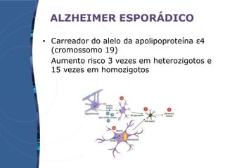 • Carreador do alelo da apolipoproteína ε4
(cromossomo 19)
Aumento risco 3 vezes em heterozigotos e
15 vezes em homozigotos
ALZHEIMER ESPORÁDICO
 