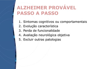 ALZHEIMER PROVÁVEL
PASSO A PASSO
1. Sintomas cognitivos ou comportamentais
2. Evolução característica
3. Perda de funcionalidade
4. Avaliação neurológica objetiva
5. Excluir outras patologias
 