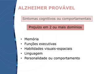 ALZHEIMER PROVÁVEL
• Memória
• Funções executivas
• Habilidades visuais-espaciais
• Linguagem
• Personalidade ou comportamento
Sintomas cognitivos ou comportamentais
Prejuízo em 2 ou mais domínios
 