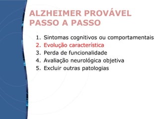 ALZHEIMER PROVÁVEL
PASSO A PASSO
1. Sintomas cognitivos ou comportamentais
2. Evolução característica
3. Perda de funcionalidade
4. Avaliação neurológica objetiva
5. Excluir outras patologias
 
