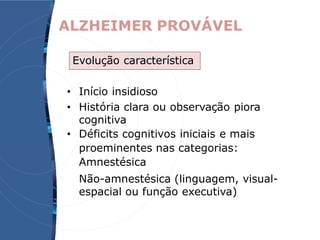 ALZHEIMER PROVÁVEL
• Início insidioso
• História clara ou observação piora
cognitiva
• Déficits cognitivos iniciais e mais
proeminentes nas categorias:
Amnestésica
Não-amnestésica (linguagem, visual-
espacial ou função executiva)
Evolução característica
 