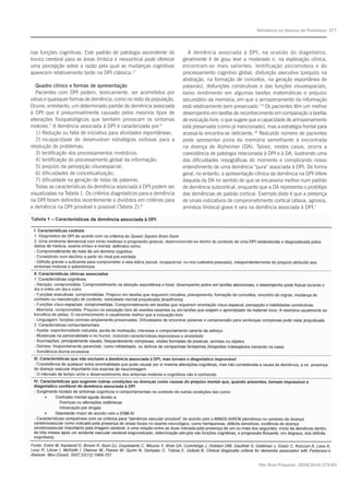 Rev Bras Psiquiatr. 2008;30(4):375-83
Demência na doença de Parkinson 377
nas funções cognitivas. Este padrão de patologia ascendente do
tronco cerebral para as áreas límbica e neocortical pode oferecer
uma percepção sobre a razão pela qual as mudanças cognitivas
aparecem relativamente tarde na DPI clássica.17
Quadro clínico e formas de apresentação
Pacientes com DPI podem, teoricamente, ser acometidos por
várias e quaisquer formas de demência, como no resto da população.
Ocorre, entretanto, um determinado padrão de demência associada
à DPI que é presumivelmente causado pelos mesmos tipos de
alterações fisiopatológicas que também provocam os sintomas
motores.7
A demência associada à DPI é caracterizada por:4
1) Redução ou falta de iniciativa para atividades espontâneas;
2) incapacidade de desenvolver estratégias exitosas para a
resolução de problemas;
3) lentificação dos processamentos mnésticos;
4) lentificação do processamento global da informação;
5) prejuízo da percepção vísuoespacial;
6) dificuldades de conceitualização;
7) dificuldade na geração de listas de palavras.
Todas as características da demência associada à DPI podem ser
visualizadas na Tabela 1. Os critérios diagnósticos para a demência
na DPI foram definidos recentemente e divididos em critérios para
a demência na DPI provável e possível (Tabela 2).6
A demência associada à DPI, na ocasião do diagnóstico,
geralmente é de grau leve a moderado e, na exploração clínica,
encontram-se mais salientes: lentificação psicomotora e do
processamento cognitivo global, disfunção executiva (prejuízo na
abstração, na formação de conceitos, na geração espontânea de
palavras), disfunções construtivas e das funções vísuoespaciais,
baixo rendimento em algumas tarefas matemáticas e prejuízo
secundário da memória, em que o armazenamento da informação
está relativamente bem preservado.7,9
Os pacientes têm um melhor
desempenho em tarefas de reconhecimento em comparação a tarefas
de evocação livre, o que sugere que a capacidade de armazenamento
está preservada (como já mencionado), mas a estratégia frontal para
acessá-la encontra-se deficiente.18
Reduzido número de pacientes
pode apresentar piora da memória semelhante à encontrada
na doença de Alzheimer (DA). Talvez, nestes casos, ocorra a
coexistência de patologia relacionada à DPI e à DA, ilustrando uma
das dificuldades nosográficas do momento e complicando nosso
entendimento de uma demência “pura” associada à DPI. De forma
geral, no entanto, a apresentação clínica da demência na DPI difere
daquela da DA no sentido de que se encaixaria melhor num padrão
de demência subcortical, enquanto que a DA representa o protótipo
das demências de padrão cortical. Exemplo disto é que a presença
de sinais indicativos de comprometimento cortical (afasia, agnosia,
amnésia límbica) grave é rara na demência associada à DPI.7
 