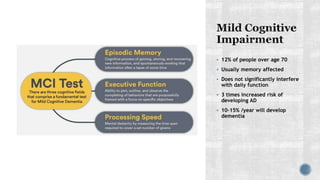  12% of people over age 70
 Usually memory affected
 Does not significantly interfere
with daily function
 3 times increased risk of
developing AD
 10–15% /year will develop
dementia
 