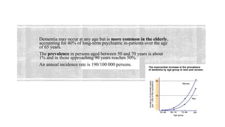 Dementia may occur at any age but is more common in the elderly,
accounting for 40% of long-term psychiatric in-patients over the age
of 65 years.
The prevalence in persons aged between 50 and 70 years is about
1% and in those approaching 90 years reaches 50%.
An annual incidence rate is 190/100 000 persons.
 