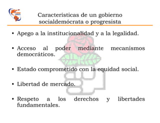 Características de un gobierno
         socialdemócrata o progresista

• Apego a la institucionalidad y a la legalidad.

• Acceso al poder        mediante       mecanismos
  democráticos.

• Estado comprometido con la equidad social.

• Libertad de mercado.

• Respeto a los        derechos     y     libertades
  fundamentales.
 